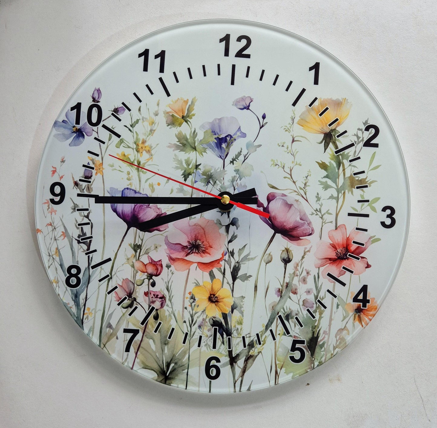 Glass Watercolour Wildflower Clock – Floral Wall Clock - Nature-Inspired Home Gift
