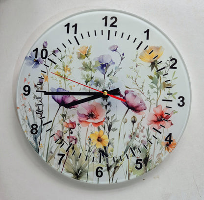 Glass Watercolour Wildflower Clock – Floral Wall Clock - Nature-Inspired Home Gift