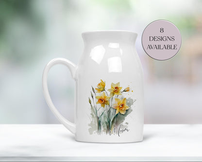Personalised Watercolour Daffodil Milk Jug – Floral Vase & Mum Gift