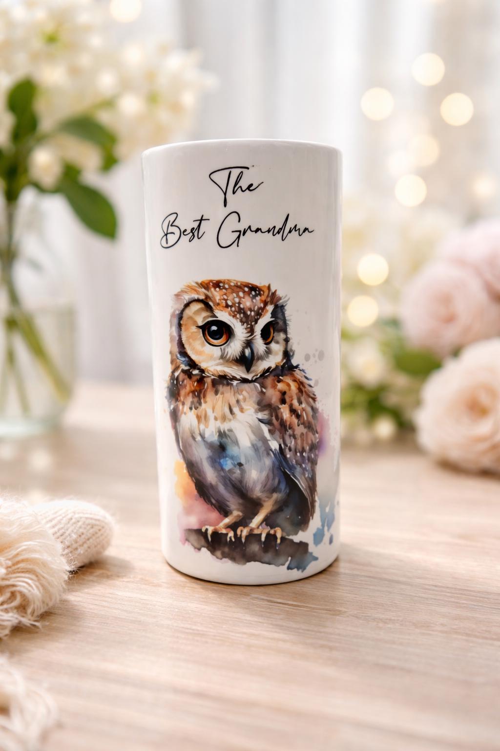 Personalised Watercolour Owl Ceramic Vase – Bird Lover Gift & Flower Pot
