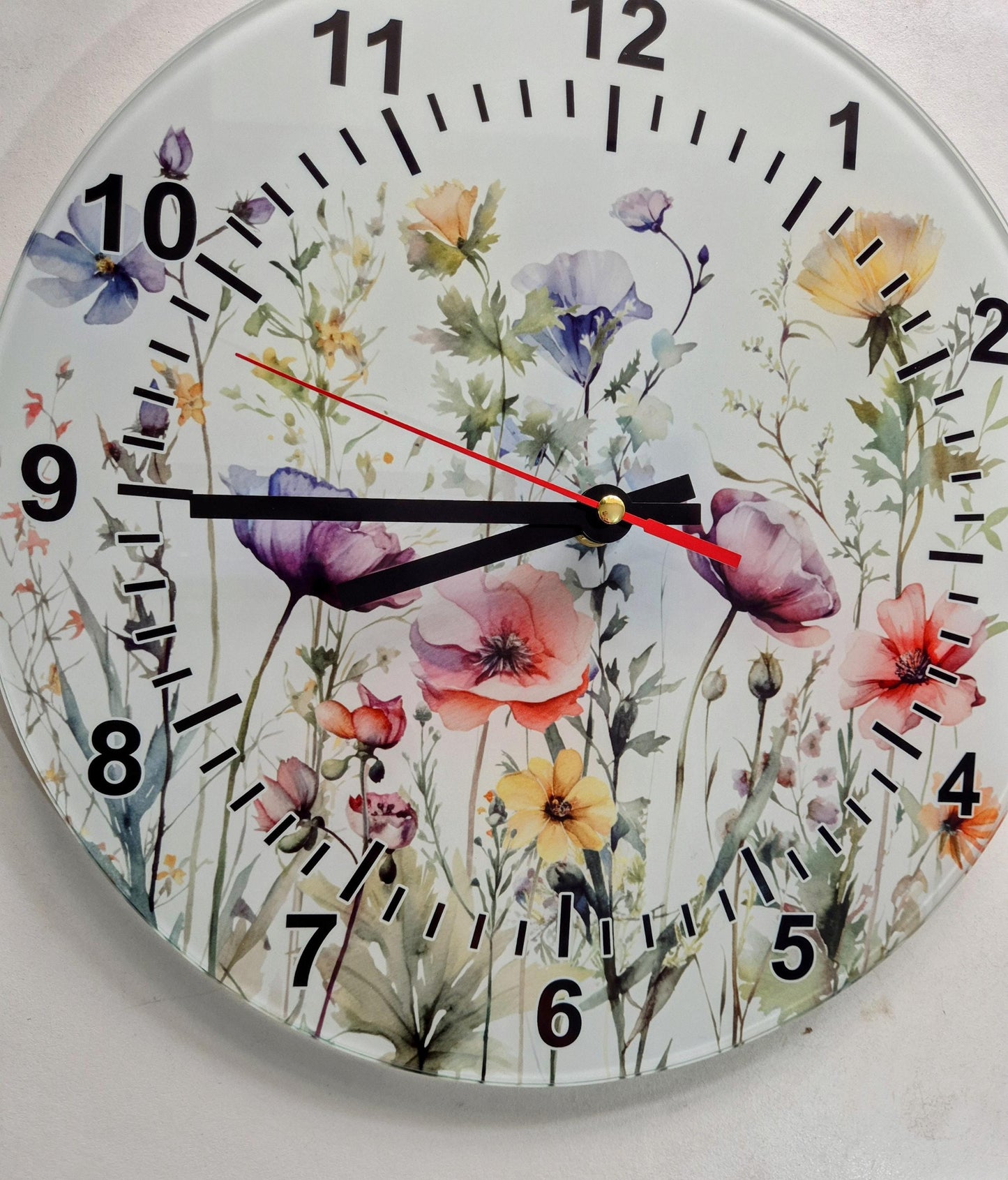 Glass Watercolour Wildflower Clock – Floral Wall Clock - Nature-Inspired Home Gift