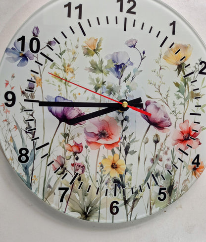 Glass Watercolour Wildflower Clock – Floral Wall Clock - Nature-Inspired Home Gift