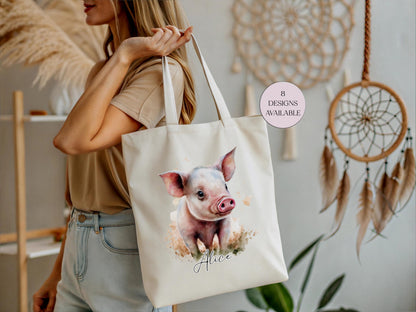 Personalised Watercolour Pig Tote Bag – Pig Lover Reusable Shopper Gift