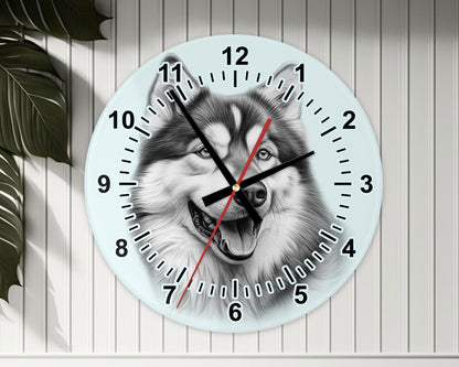 Alaskan Malamute Glass Wall Clock – 20cm & 30cm | Dog Lover Home Décor Gift
