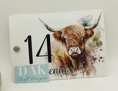 Personalised Highland Cow Acrylic House Sign | Custom House Number | New Home Gift