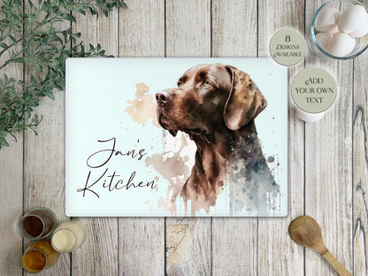 Personalised Chocolate Labrador Glass Chopping Board | A3 or A4 | Dog Lover Gift