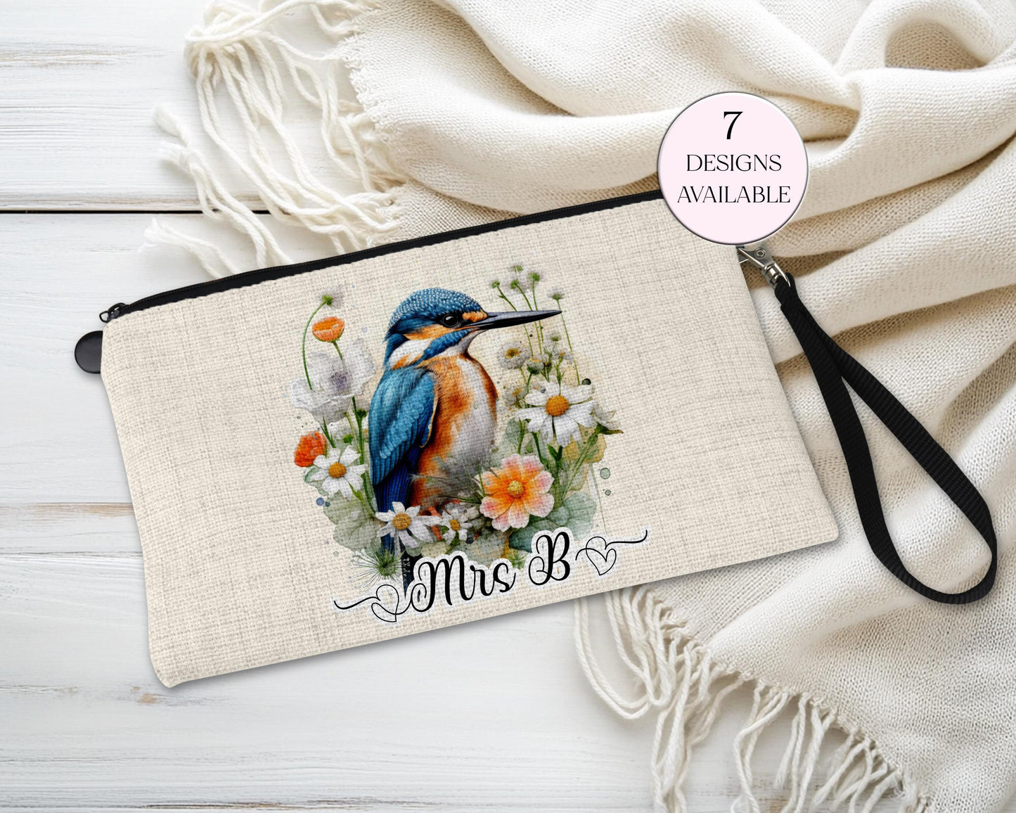 Personalised Kingfisher Makeup Bag – Custom Linen Pouch with Strap