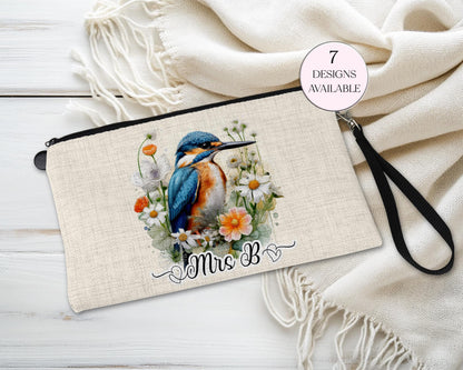 Personalised Kingfisher Makeup Bag – Custom Linen Pouch with Strap