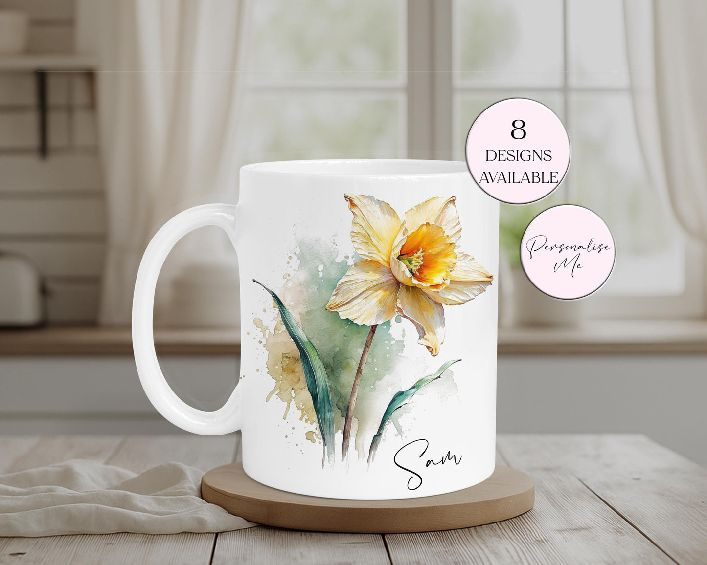 Personalised Watercolour Daffodil Mug & Coaster Set – Floral Spring Gift