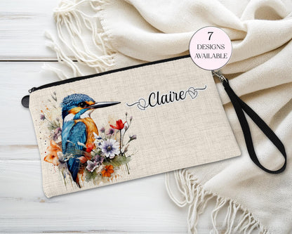 Personalised Kingfisher Makeup Bag – Custom Linen Pouch with Strap