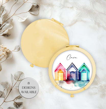 Personalised Beach Hut Compact Mirror | Rose Gold or Yellow Gold | Custom Gift for Her
