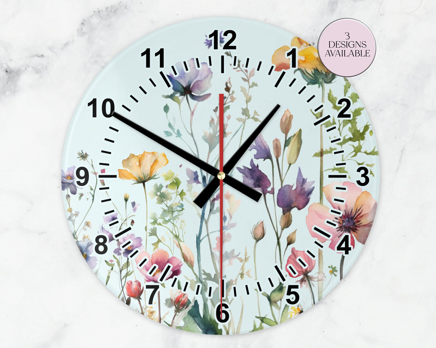 Glass Watercolour Wildflower Clock – Floral Wall Clock - Nature-Inspired Home Gift