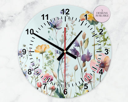 Glass Watercolour Wildflower Clock – Floral Wall Clock - Nature-Inspired Home Gift