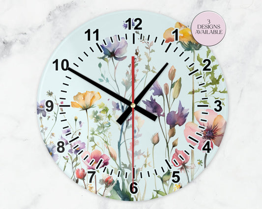 Glass Watercolour Wildflower Clock – Floral Wall Clock - Nature-Inspired Home Gift