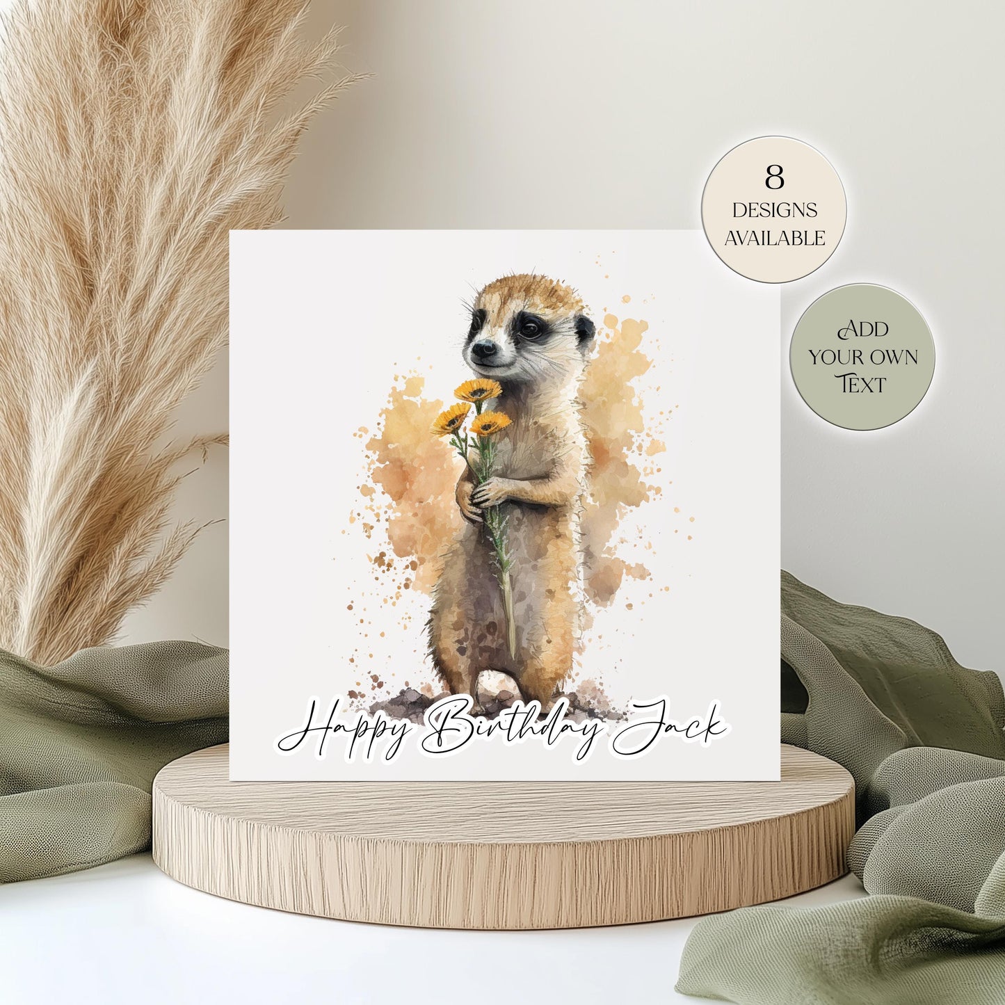 Personalised Meerkat Birthday Card – Cute Floral Greeting Card