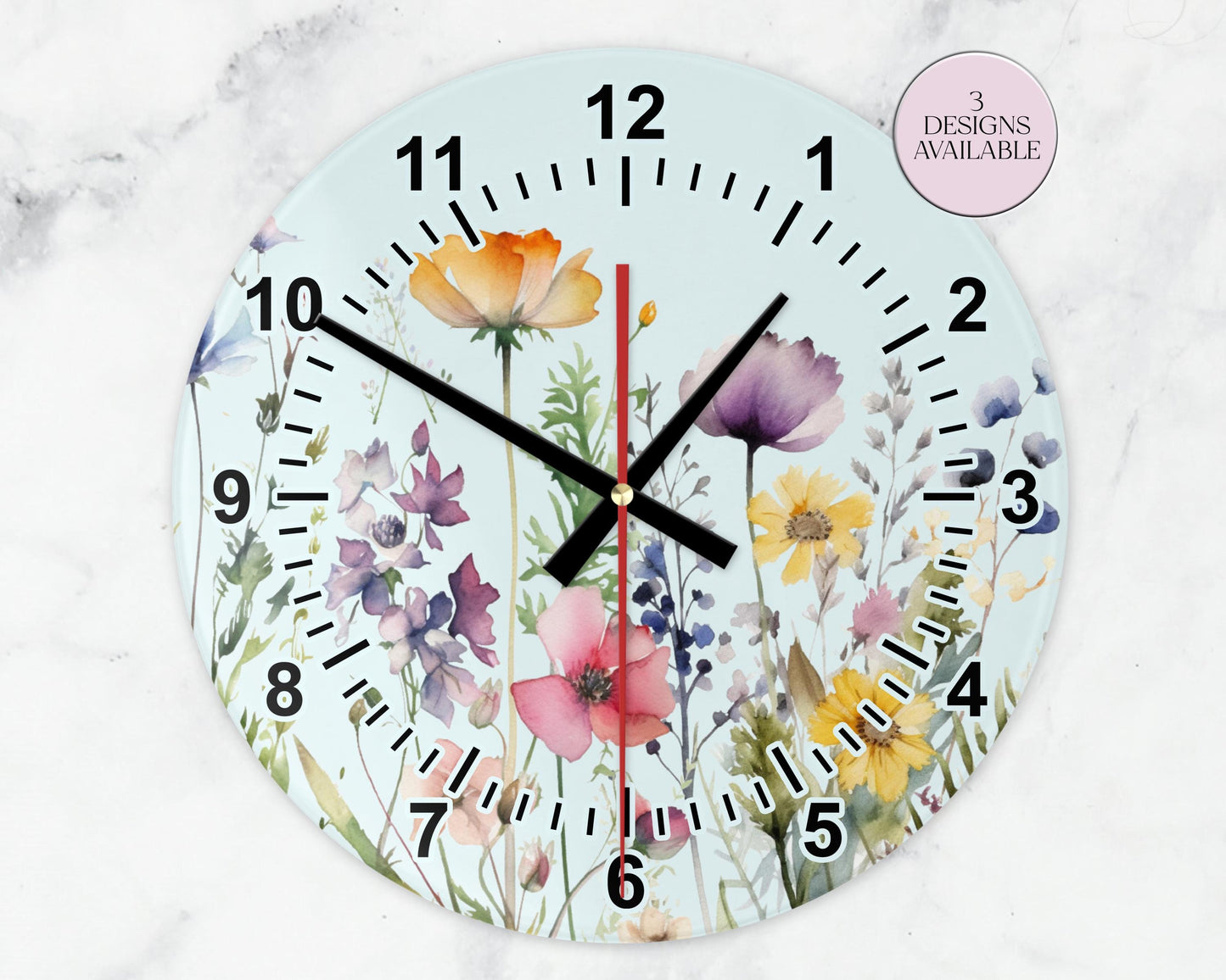 Glass Watercolour Wildflower Clock – Floral Wall Clock - Nature-Inspired Home Gift