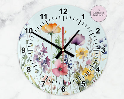 Glass Watercolour Wildflower Clock – Floral Wall Clock - Nature-Inspired Home Gift