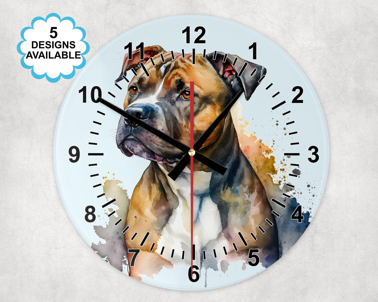 Glass Staffordshire Bull Terrier Wall Clock | Watercolour | Dog Lover Gift