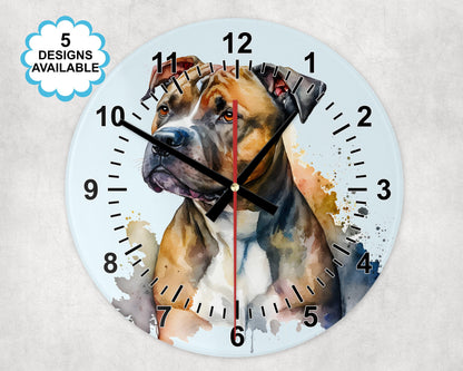 Glass Staffordshire Bull Terrier Wall Clock | Watercolour | Dog Lover Gift