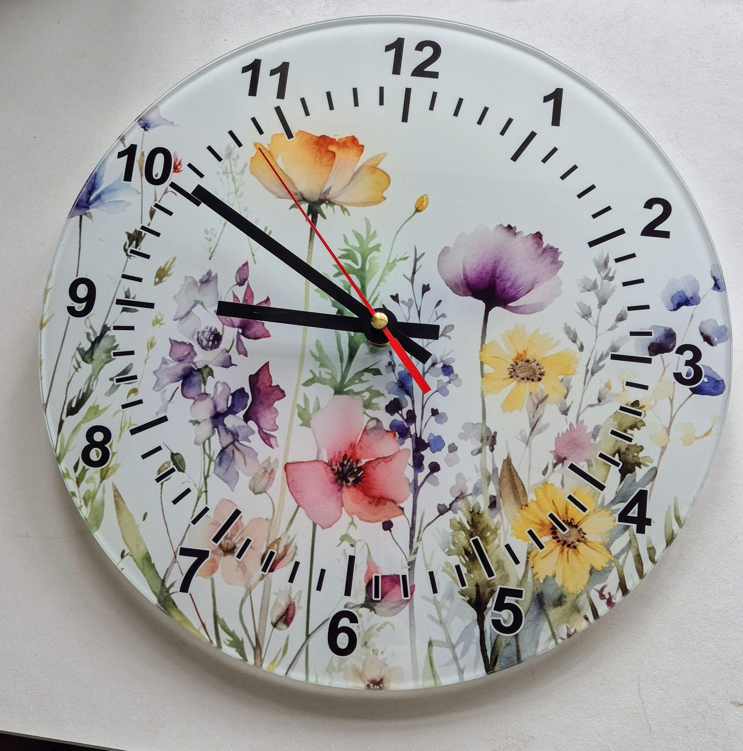 Glass Watercolour Wildflower Clock – Floral Wall Clock - Nature-Inspired Home Gift
