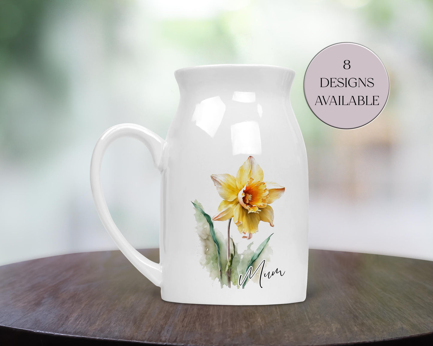 Personalised Watercolour Daffodil Milk Jug – Floral Vase & Mum Gift