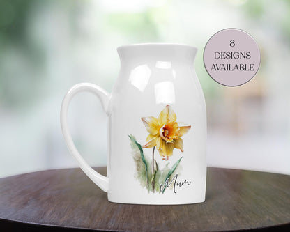 Personalised Watercolour Daffodil Milk Jug – Floral Vase & Mum Gift