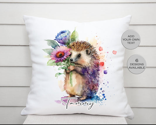 Personalised Watercolour Floral Hedgehog Cushion | Custom Woodland Animal Gift | Hedgehog Lover Pillow