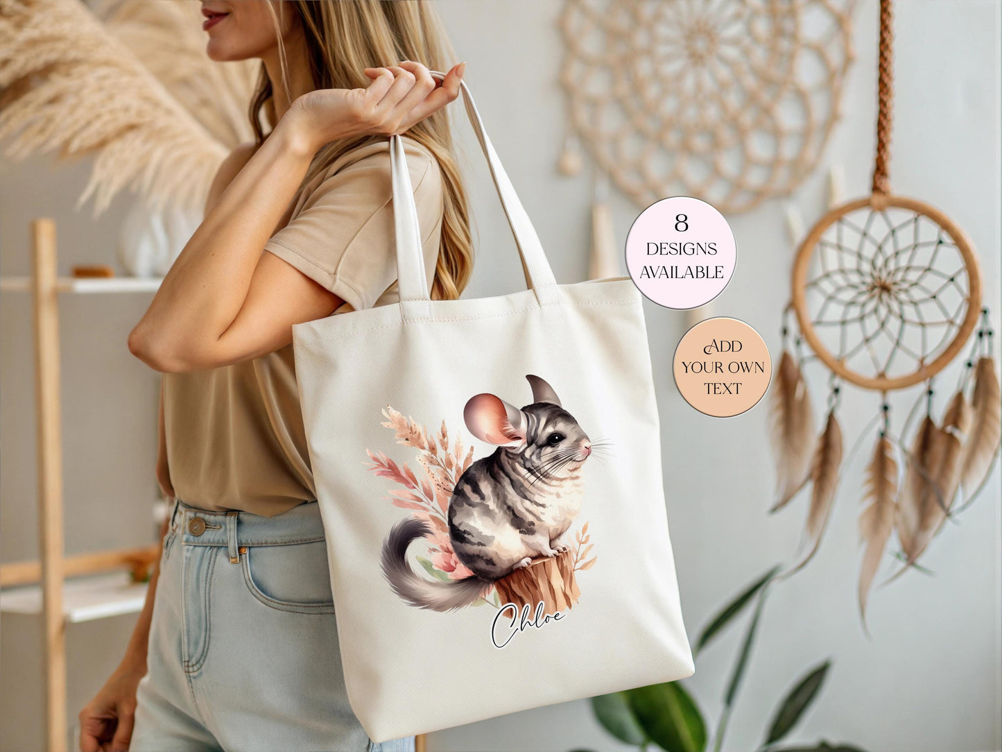 Personalised Watercolour Chinchilla Tote Bag | Custom Animal Lover Gift | Long Handle Shopper