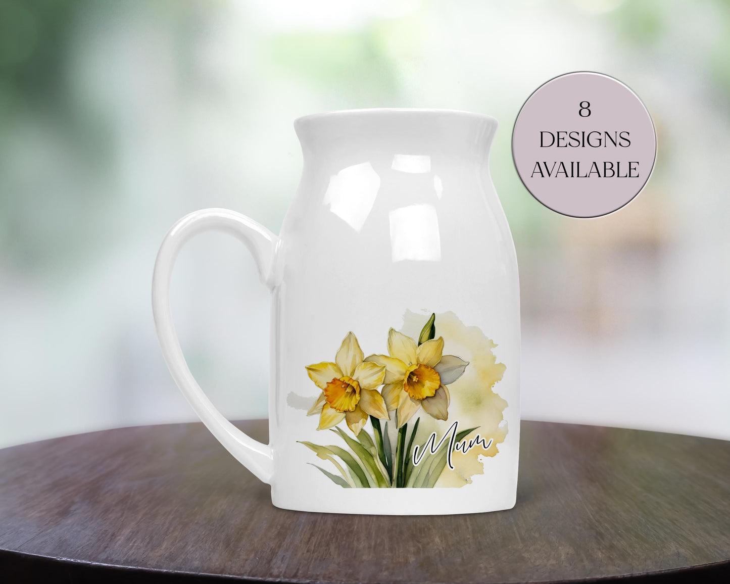 Personalised Watercolour Daffodil Milk Jug – Floral Vase & Mum Gift