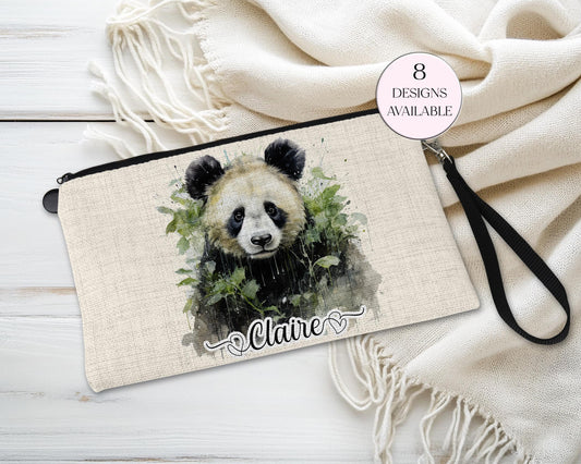 Personalised Panda Bear Makeup Bag – Custom Linen Pouch with Strap