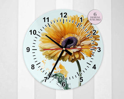 Personalised Watercolour Gerbera Glass Wall Clock | Floral Home Décor | Unique Gift for Her