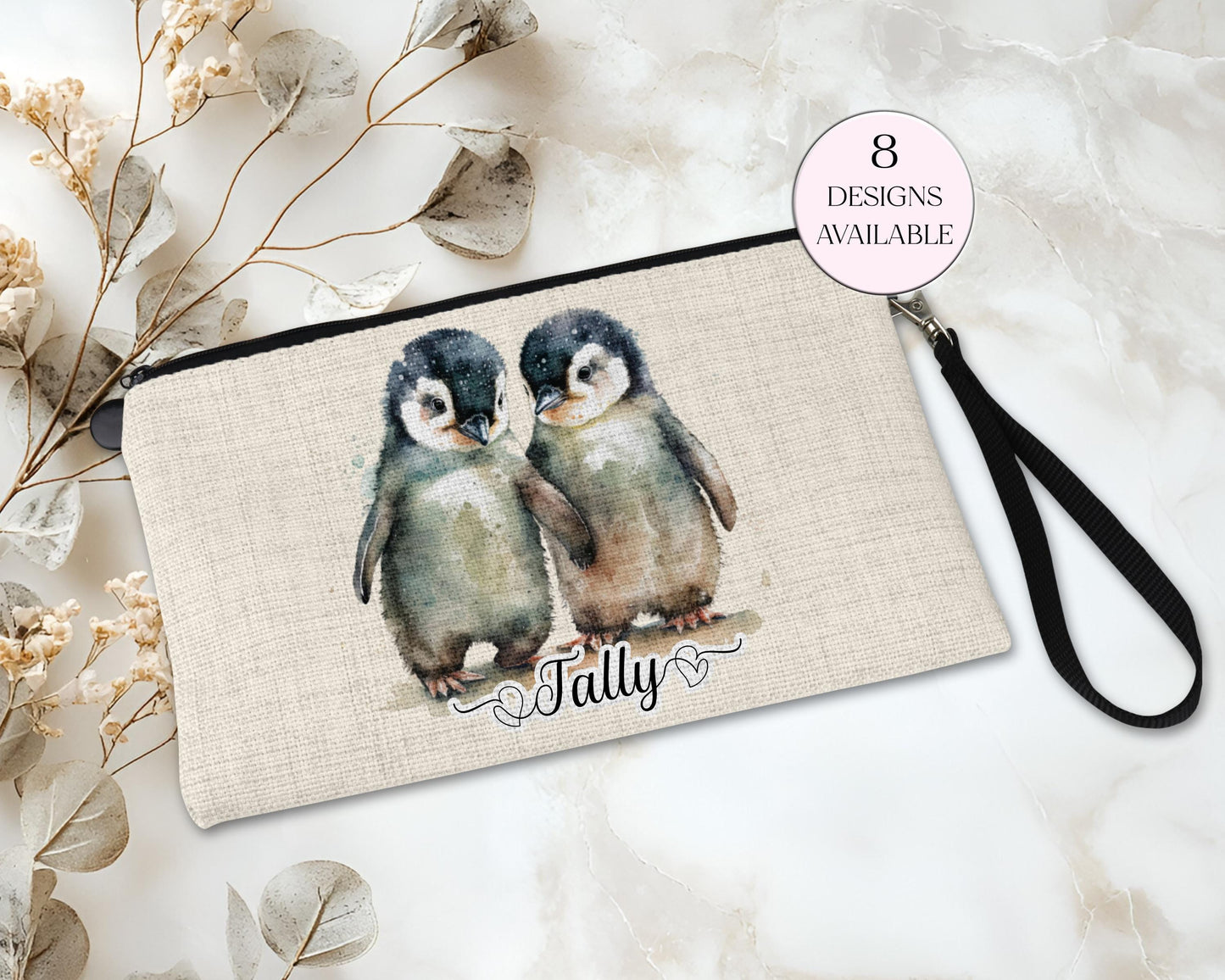 Personalised Watercolour Penguin Makeup Bag | Custom Cosmetic Pouch | Penguin Lover Gift