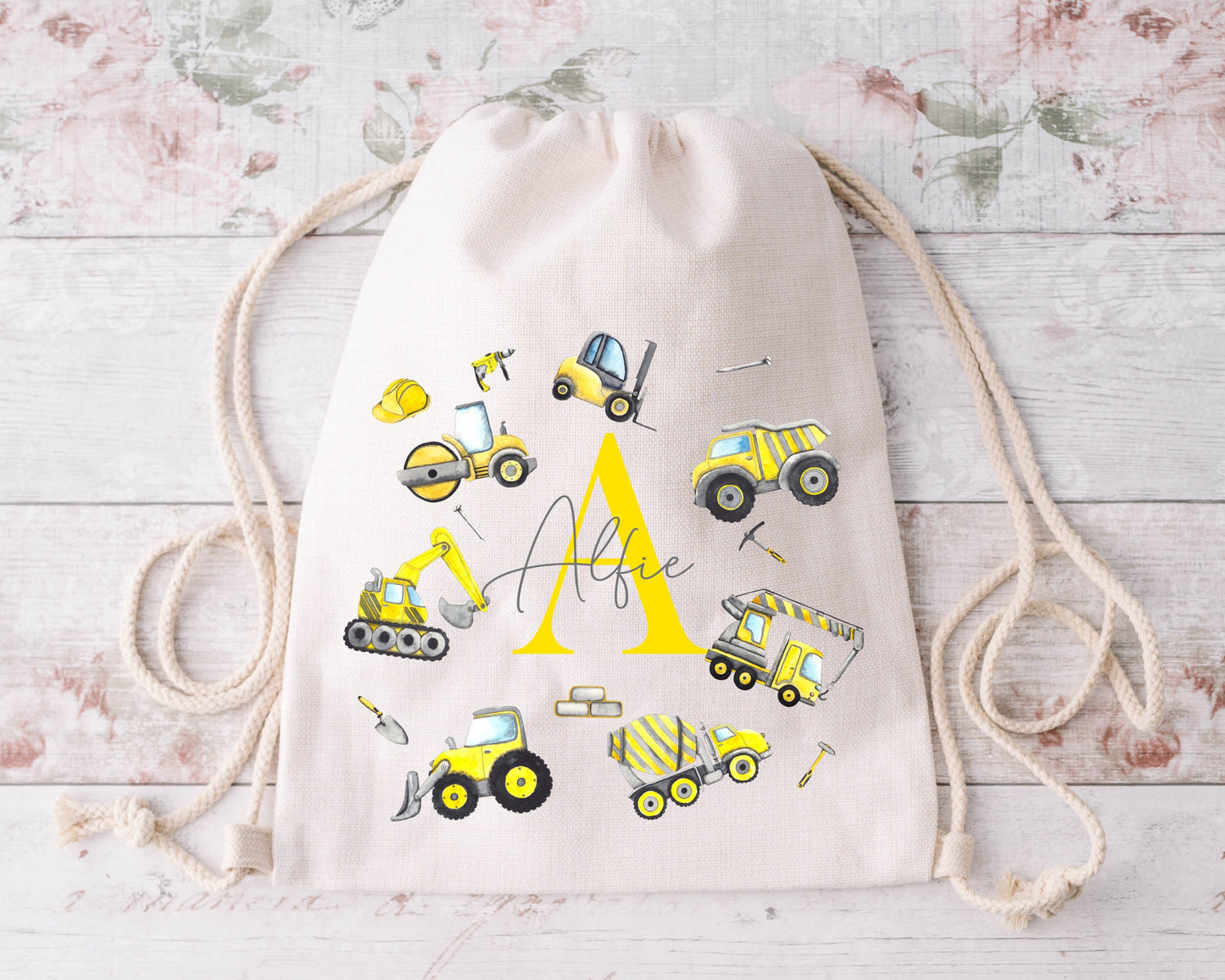 Personalised Digger Drawstring Bag – Construction Theme Kids Bag | PE, School & Swimming