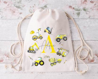 Personalised Digger Drawstring Bag – Construction Theme Kids Bag | PE, School & Swimming