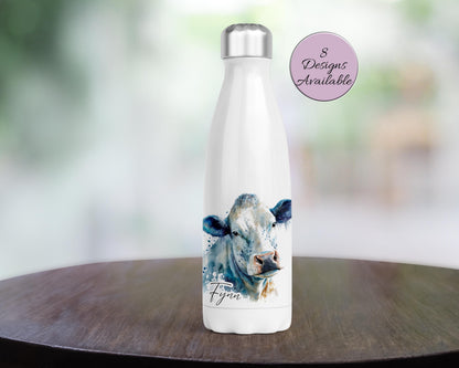 Personalised Cow Water Bottle – Insulated Stainless Steel Flask - Cow Lover Gift