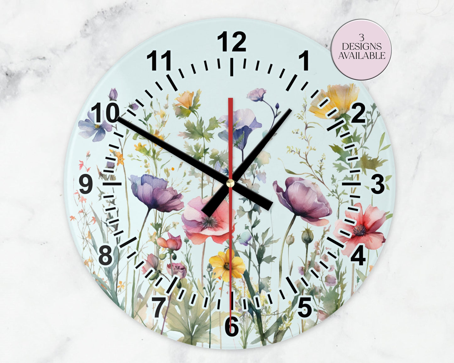 Glass Watercolour Wildflower Clock – Floral Wall Clock - Nature-Inspired Home Gift