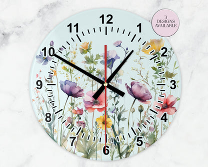 Glass Watercolour Wildflower Clock – Floral Wall Clock - Nature-Inspired Home Gift