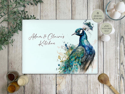 Personalised Peacock Glass Chopping Board | Custom Cheese Board | Housewarming Gift for Her