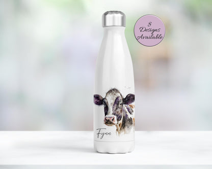 Personalised Cow Water Bottle – Insulated Stainless Steel Flask - Cow Lover Gift
