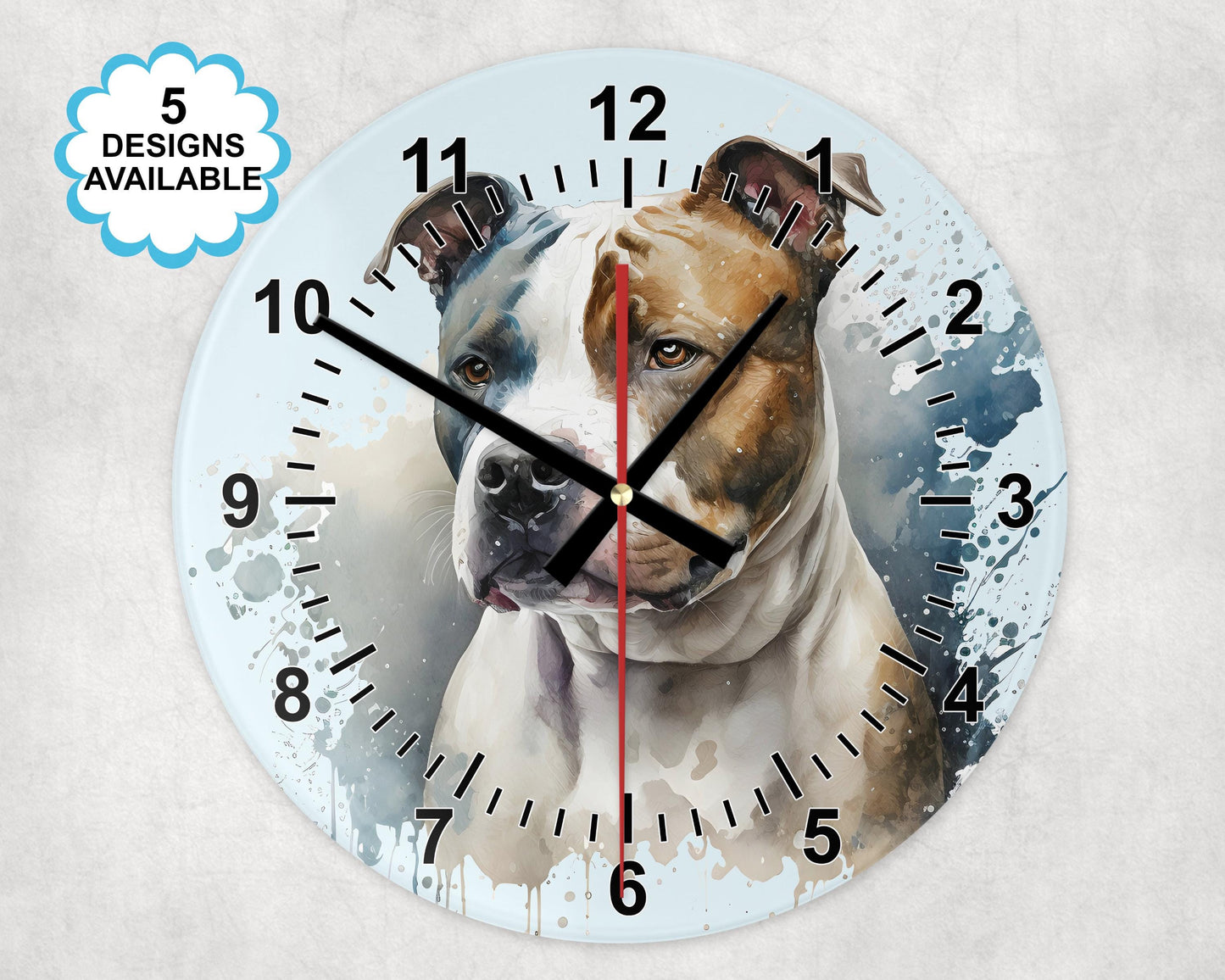 Glass Staffordshire Bull Terrier Wall Clock | Watercolour | Dog Lover Gift