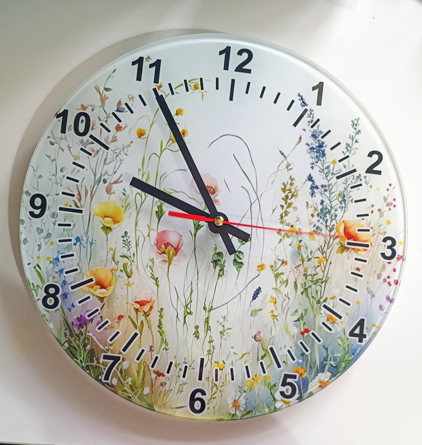 Glass Watercolour Wild Flower Clock – Floral Wall Clock, Nature-Inspired Home Gift