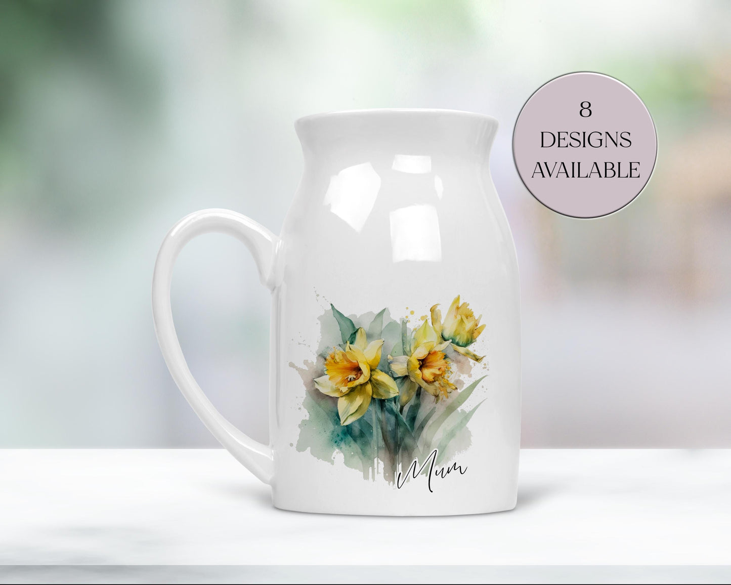 Personalised Watercolour Daffodil Milk Jug – Floral Vase & Mum Gift