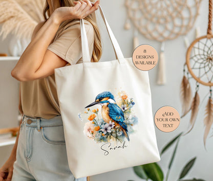 Personalised Watercolour Kingfisher Tote Bag – Bird Lover Gift | Reusable Eco Shopper