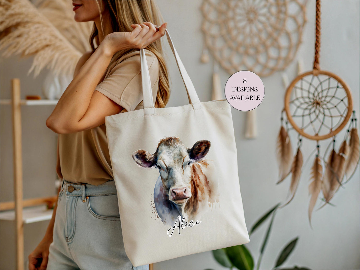 Personalised Watercolour Cow Tote Bag – Farmhouse Animal Lover Gift | Reusable Eco Shopper