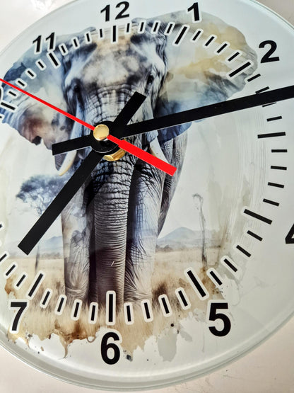 Watercolour Elephant Wall Clock | Glass  | Elephant Lover Gift