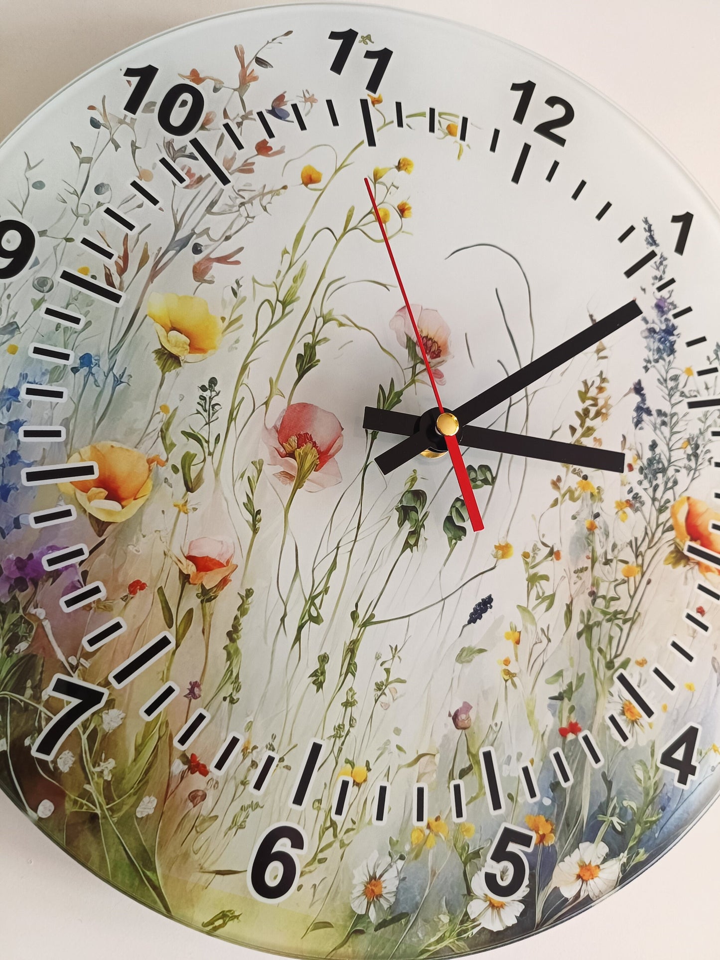 Glass Watercolour Wild Flower Clock – Floral Wall Clock, Nature-Inspired Home Gift