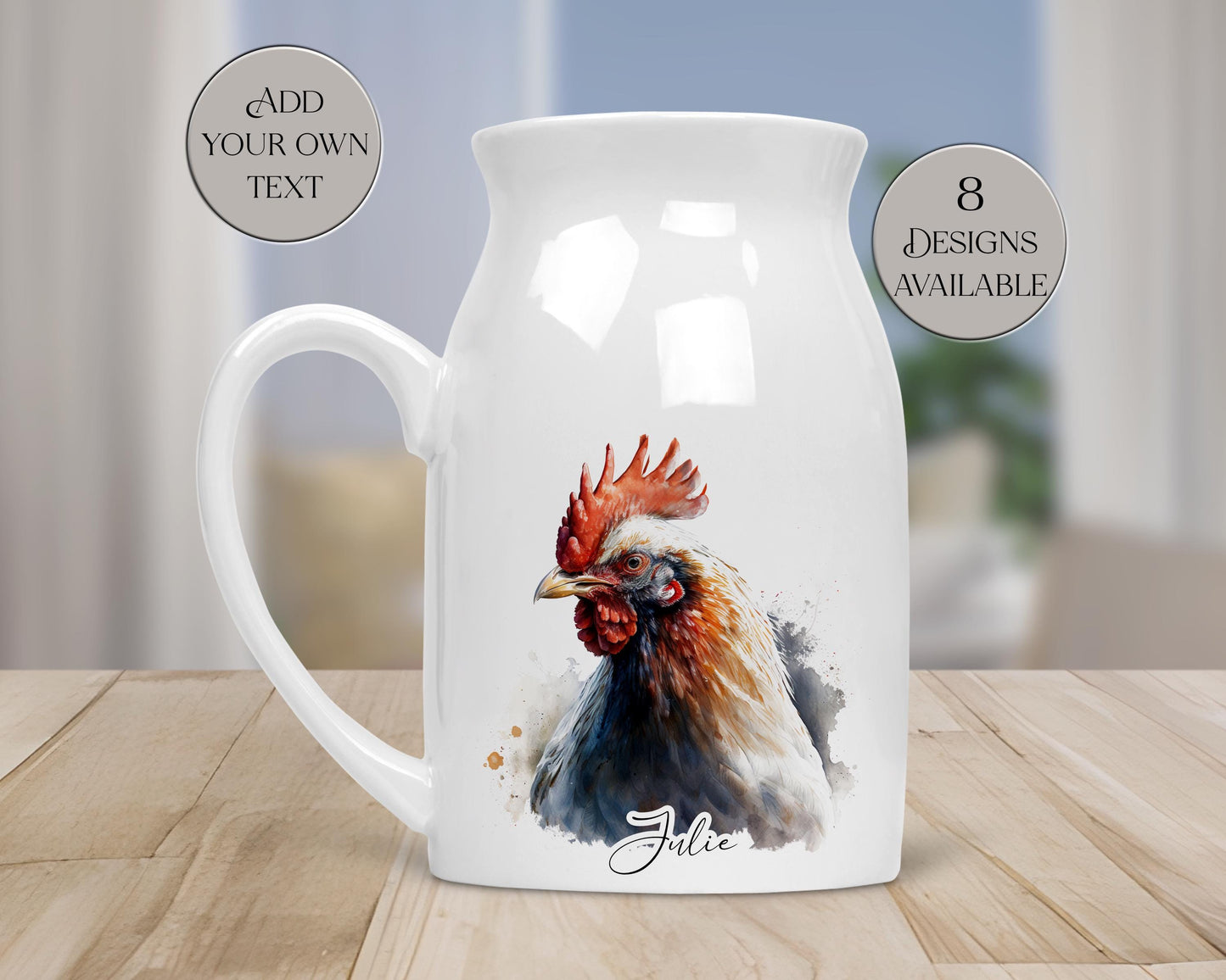 Personalised Cockerel Milk Jug – Watercolour Rooster Ceramic Flower Vase