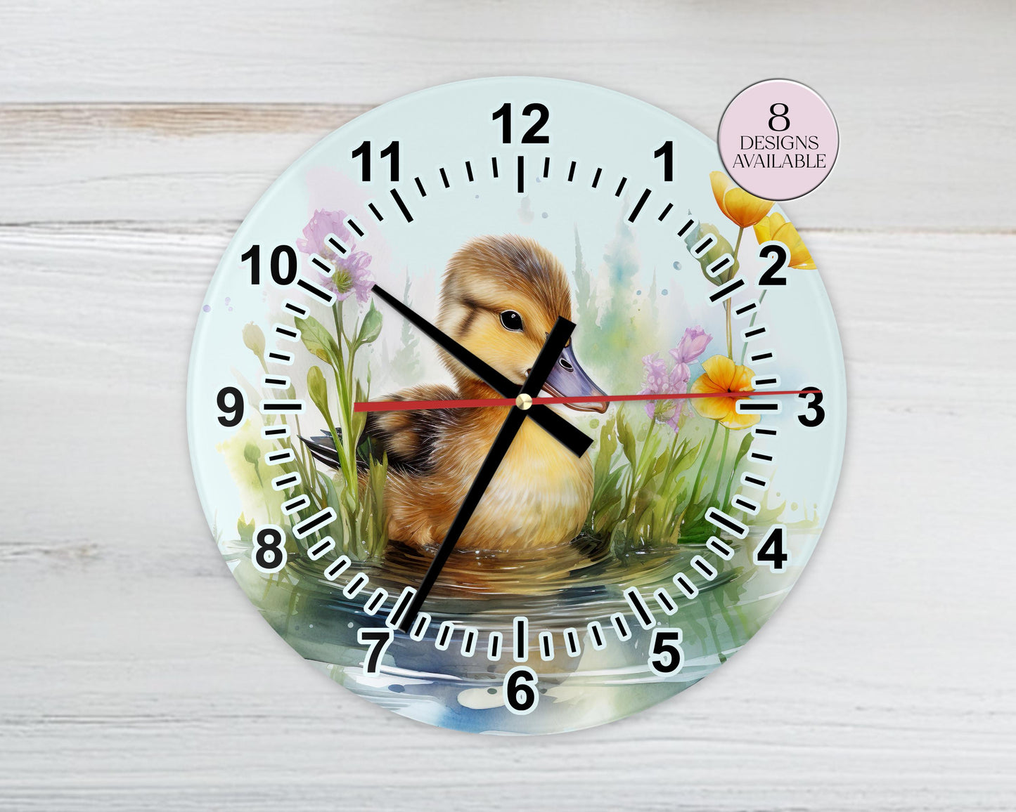 Personalised Watercolour Duckling Glass Wall Clock | 20cm & 30cm | Duck Lover Gift