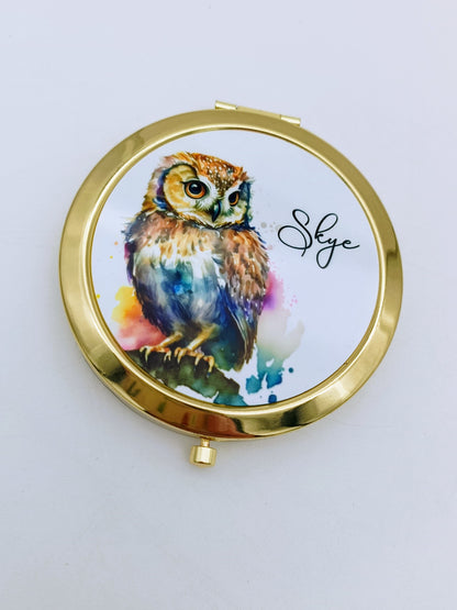 Personalised Watercolour Owl Compact Mirror – Rose Gold or Yellow Gold | Custom Handbag Gift