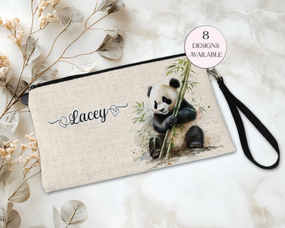 Personalised Panda Bear Makeup Bag – Custom Linen Pouch with Strap